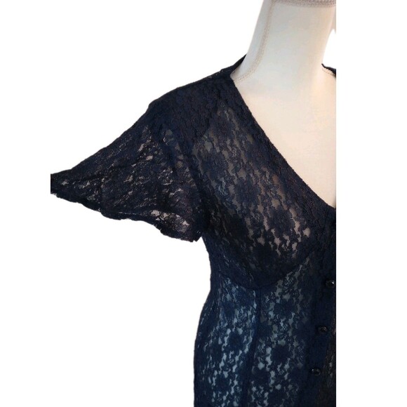 1990s Sheer Lace Dress Medium Navy Blue Button Up Fairy Whimsigoth Romantic - Picture 5 of 11